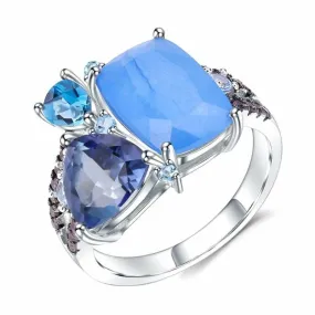 Natural Blue Chalcedony & Topaz Ring in 925 Silver