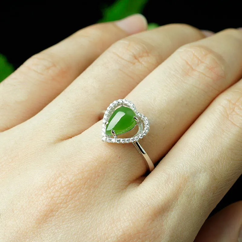 Natural Jade Ring Nephrite Silver Zircon Adjustable Ring ZNRG135