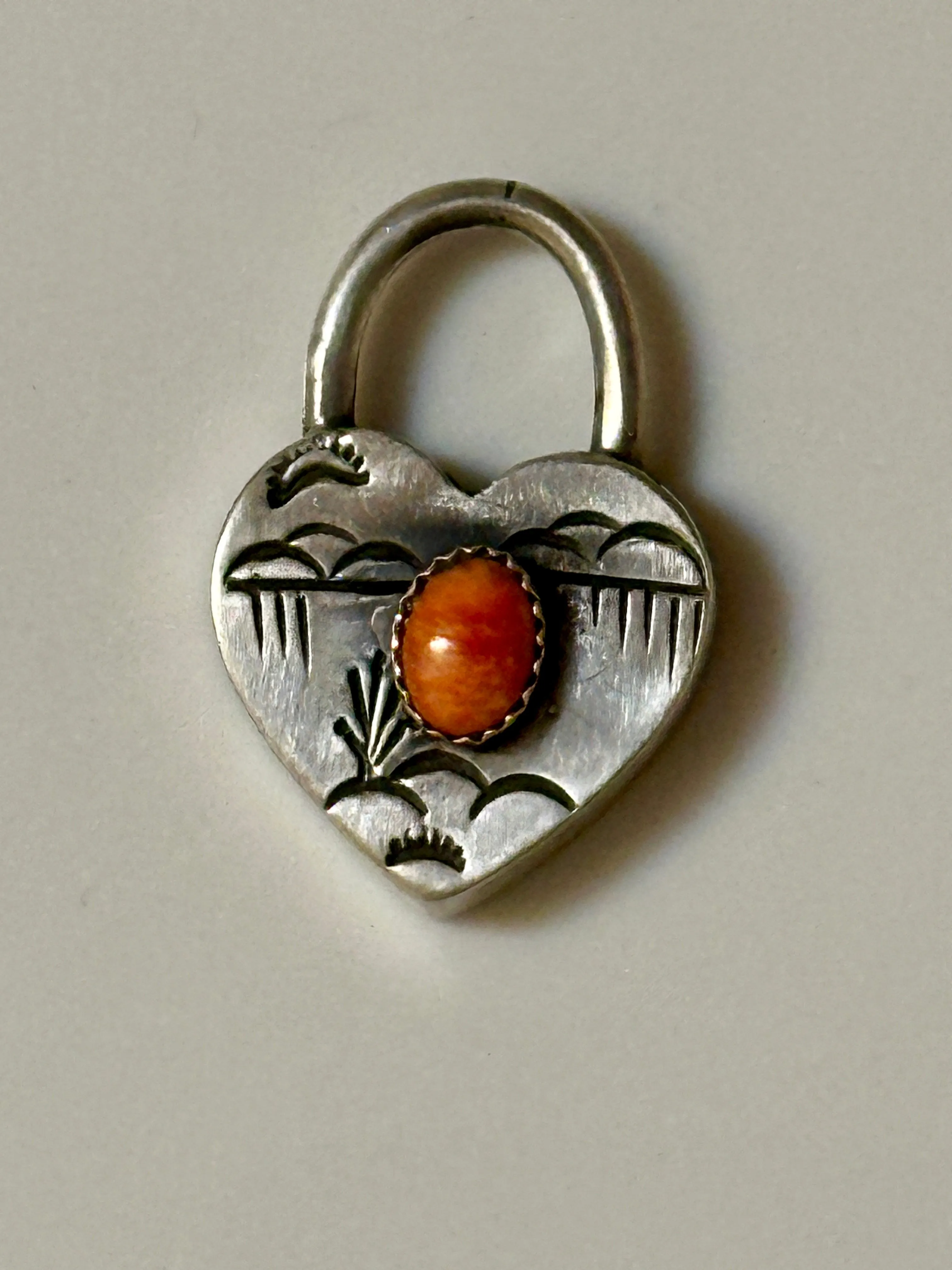 Navajo Orange Spiny & Sterling Silver Heart Locket Pendant Signed Emerald Thompson