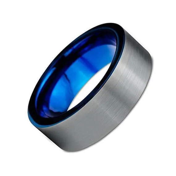 Nolan Men's Pipe Cut Tungsten Carbide Wedding Band With Blue Inside - 8 mm