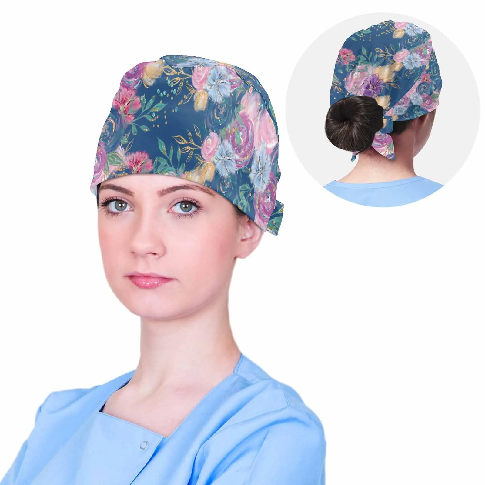 Nurse Scrub Cap Blue Roses Floral  Scrub Cap