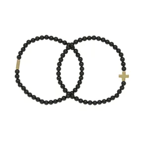 Onyx & Gold Elastic Bracelet Set of 2