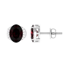 Oval Garnet Solitaire Stud Earrings with Diamond