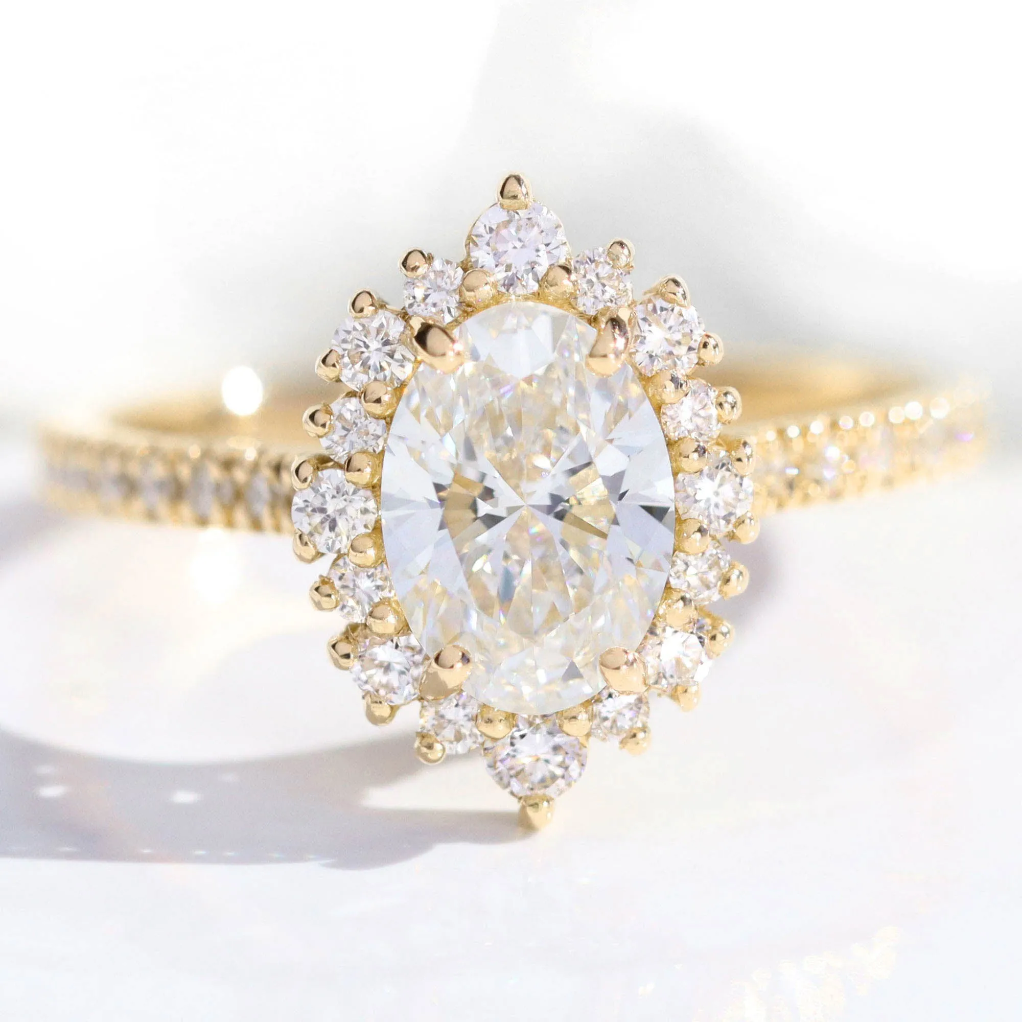 Oval Lab Diamond Ring Pave Band w/ Natural Diamonds in Tiara Halo Ring