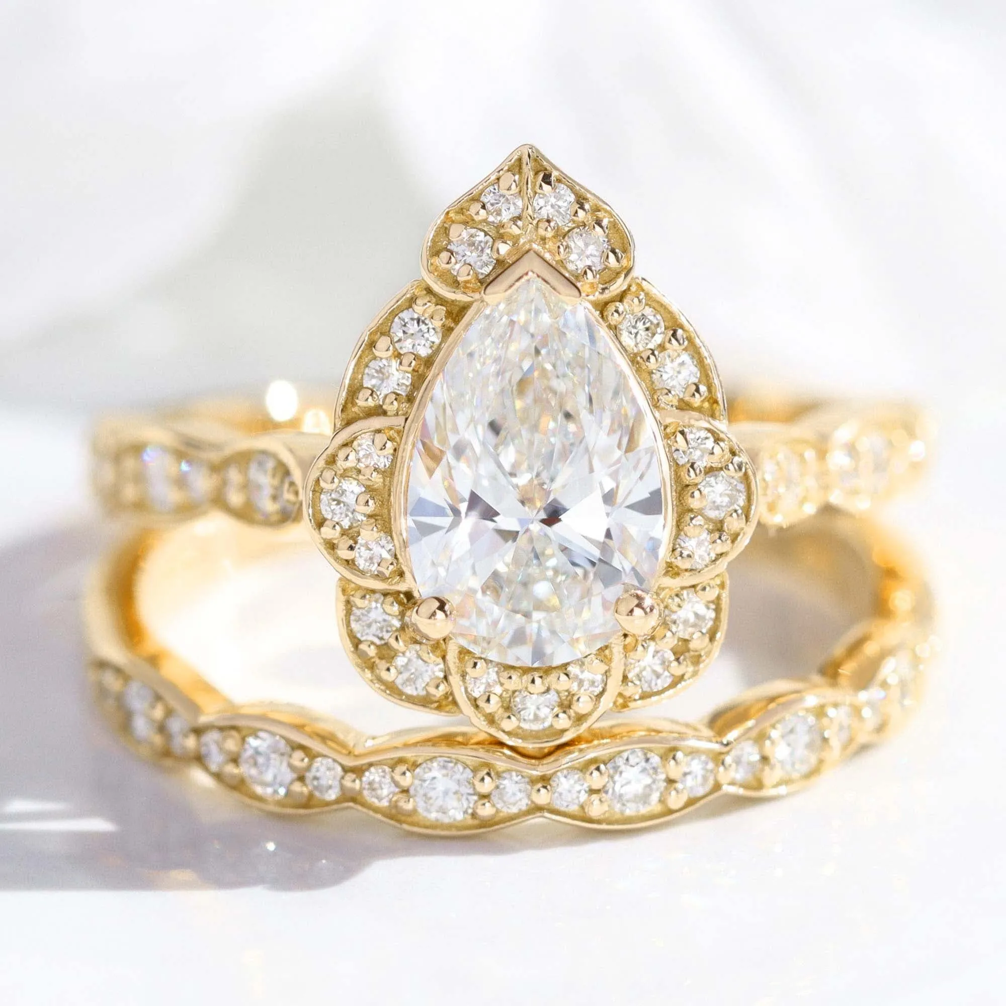 Pear Diamond Vintage Floral Ring Set w/ Lab Diamond and Matching Wedding Band