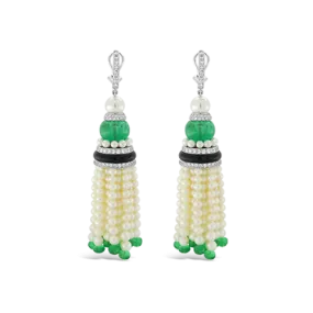 Pearl, Emerald, Onyx & Diamond Tassel Earrings