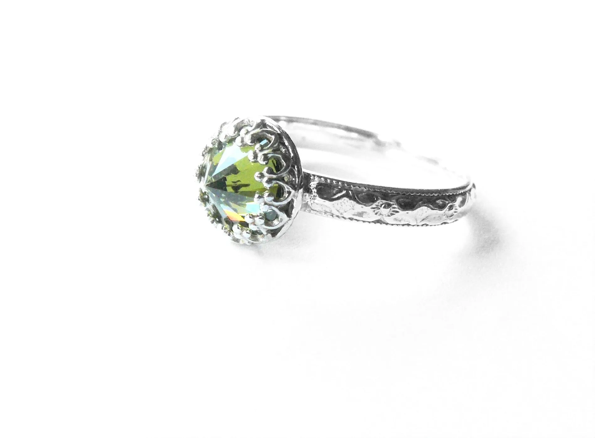 Peridot Cubic Zirconia Ring with Sterling Silver Floral Band