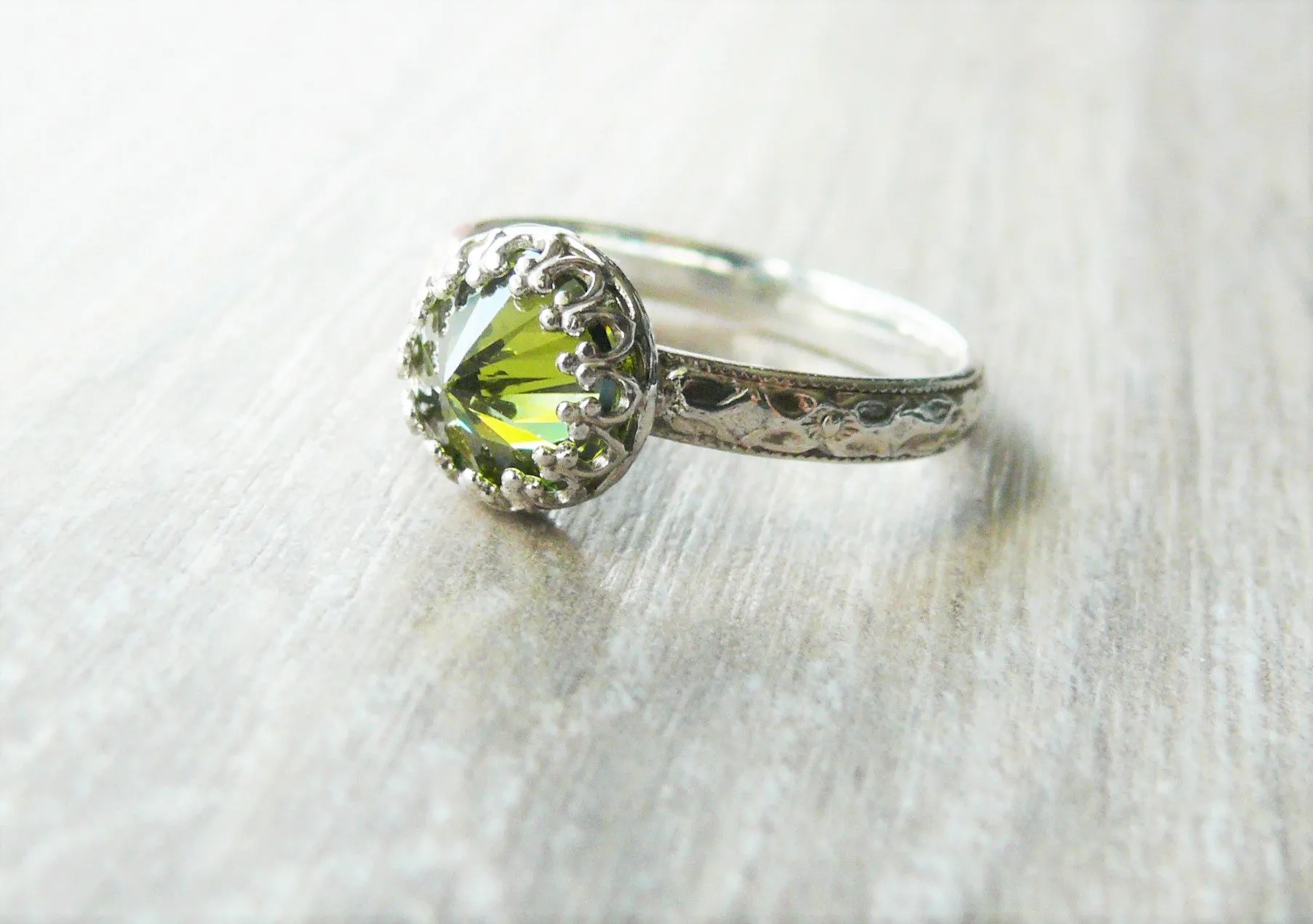 Peridot Cubic Zirconia Ring with Sterling Silver Floral Band