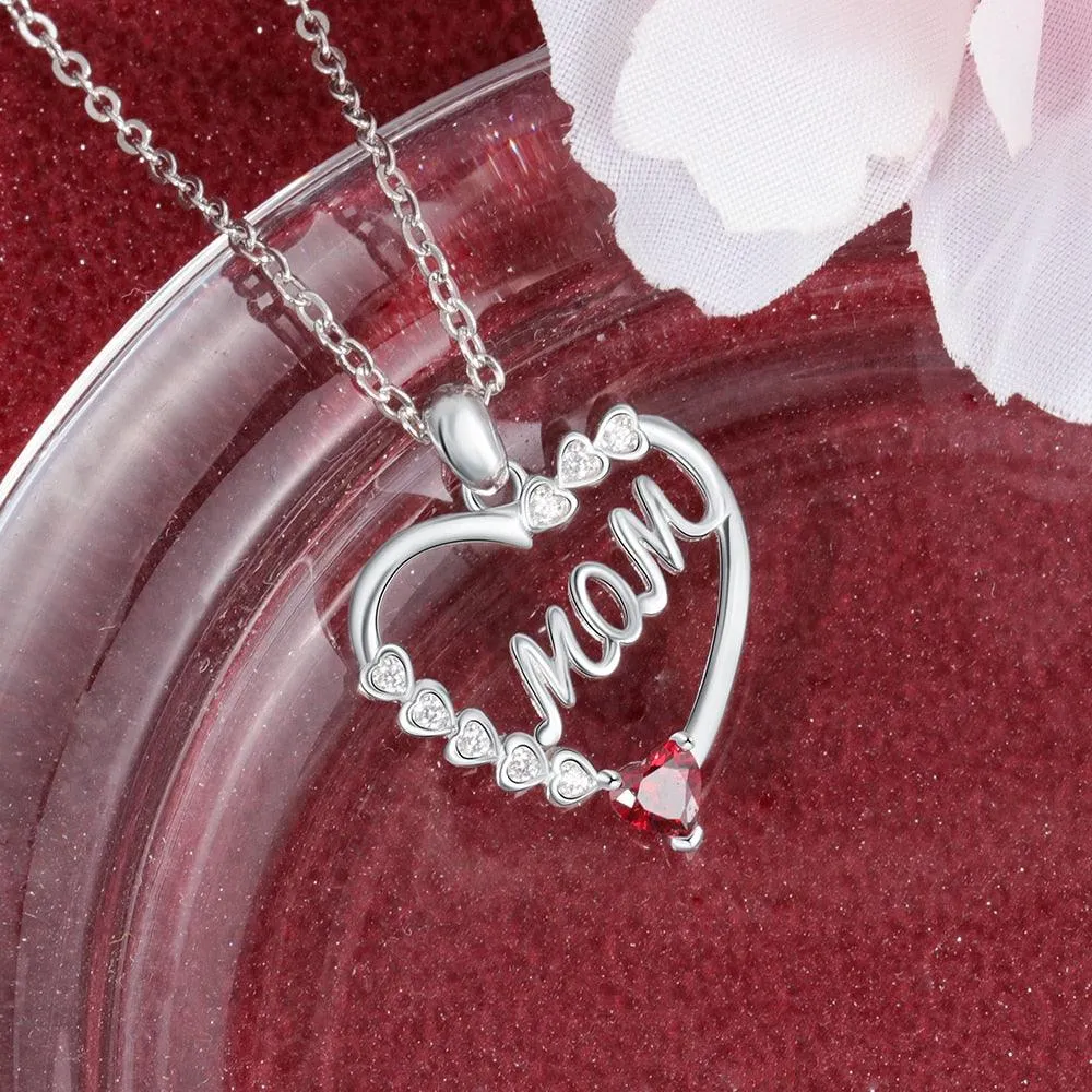 Personalized Necklace With MOM Engraved And Custom Zirconia Birthstone Pendant