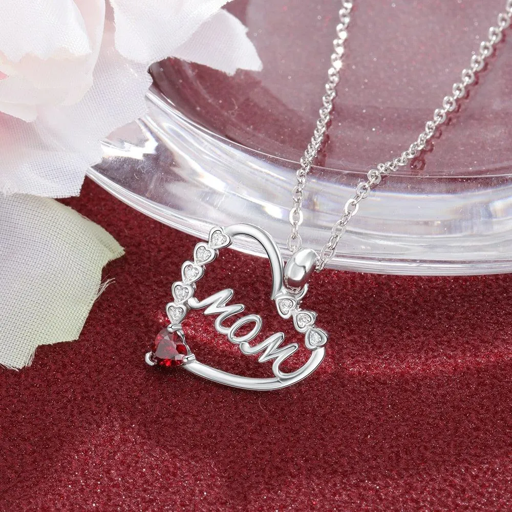 Personalized Necklace With MOM Engraved And Custom Zirconia Birthstone Pendant