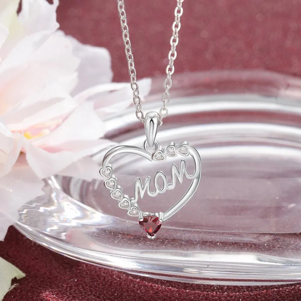 Personalized Necklace With MOM Engraved And Custom Zirconia Birthstone Pendant