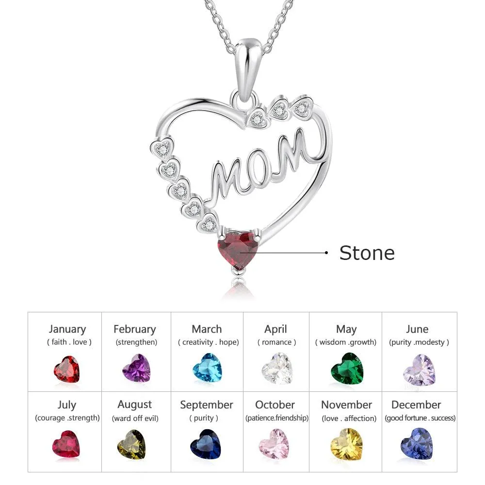 Personalized Necklace With MOM Engraved And Custom Zirconia Birthstone Pendant