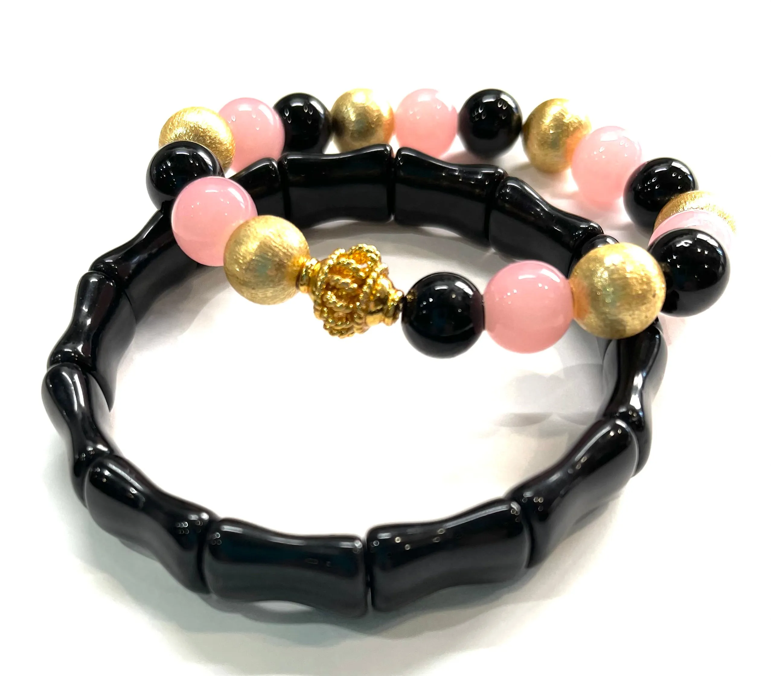 Pink Quartz and Black Onyx Gemstone Bracelet Stack