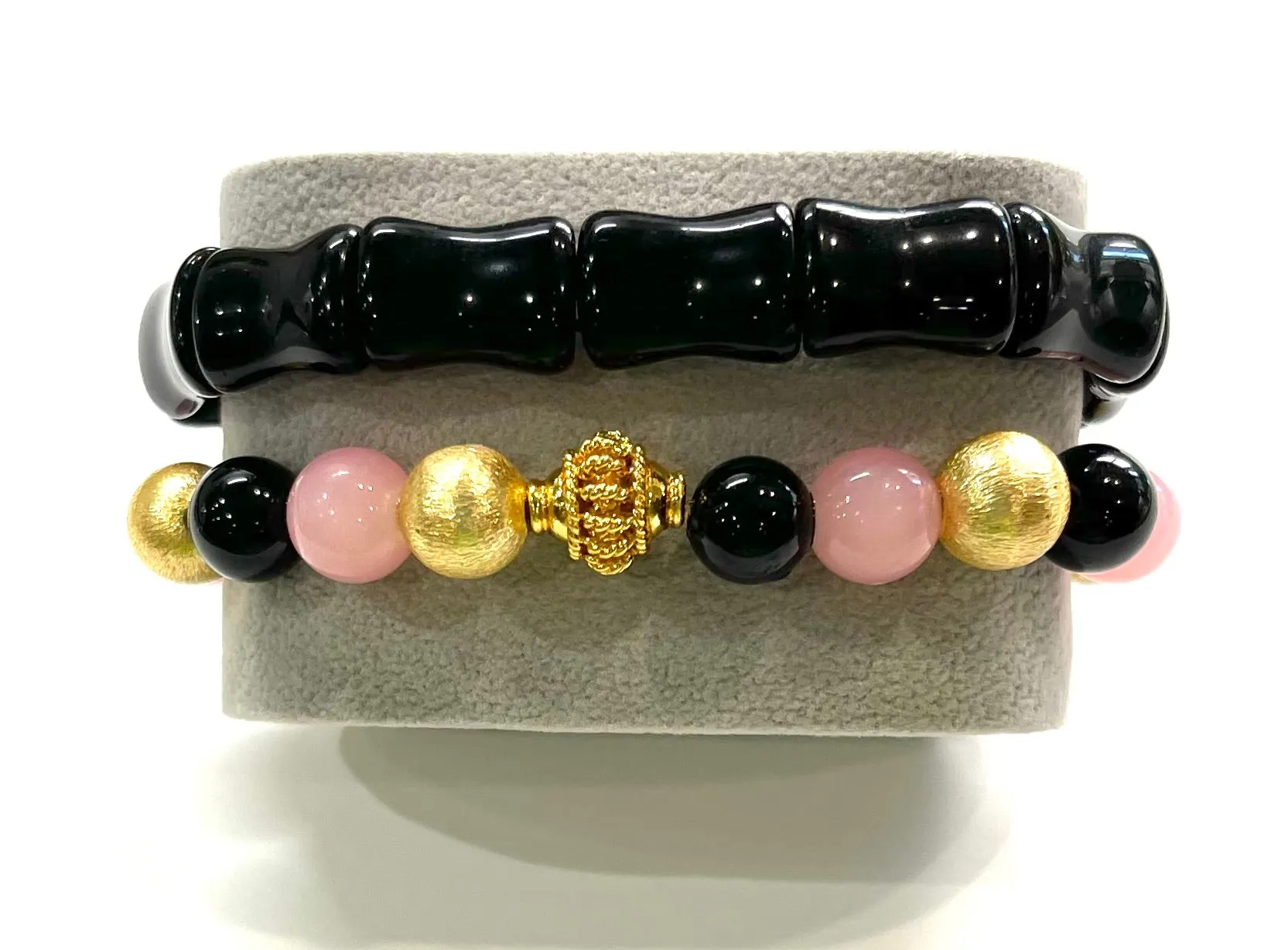 Pink Quartz and Black Onyx Gemstone Bracelet Stack