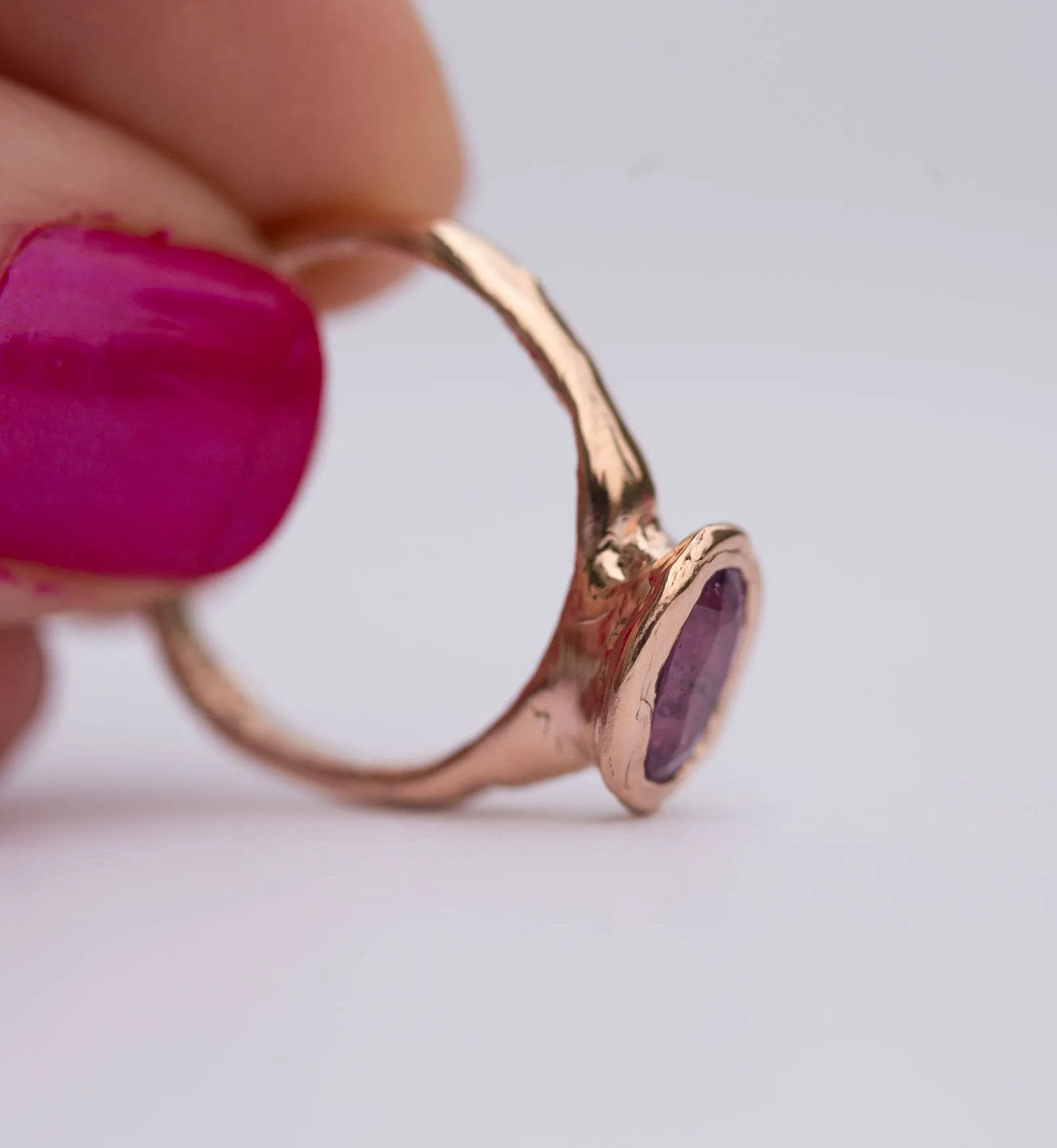 Pink Sapphire Rose Gold Ring - Hand carved rose gold ring in recycled gold - pink sapphire  -  Unique Engagement Ring by Anueva Jewelry