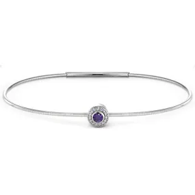 Platinum Finish Sterling Silver Round Simulated Amethyst Birth Gem Bracelet with Simulated Diamonds