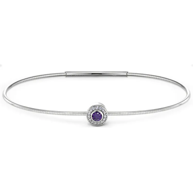 Platinum Finish Sterling Silver Round Simulated Amethyst Birth Gem Bracelet with Simulated Diamonds