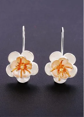 Plum Blossom with 24K Gold Plated Bud 925 Sterling Silver Hook Earrings