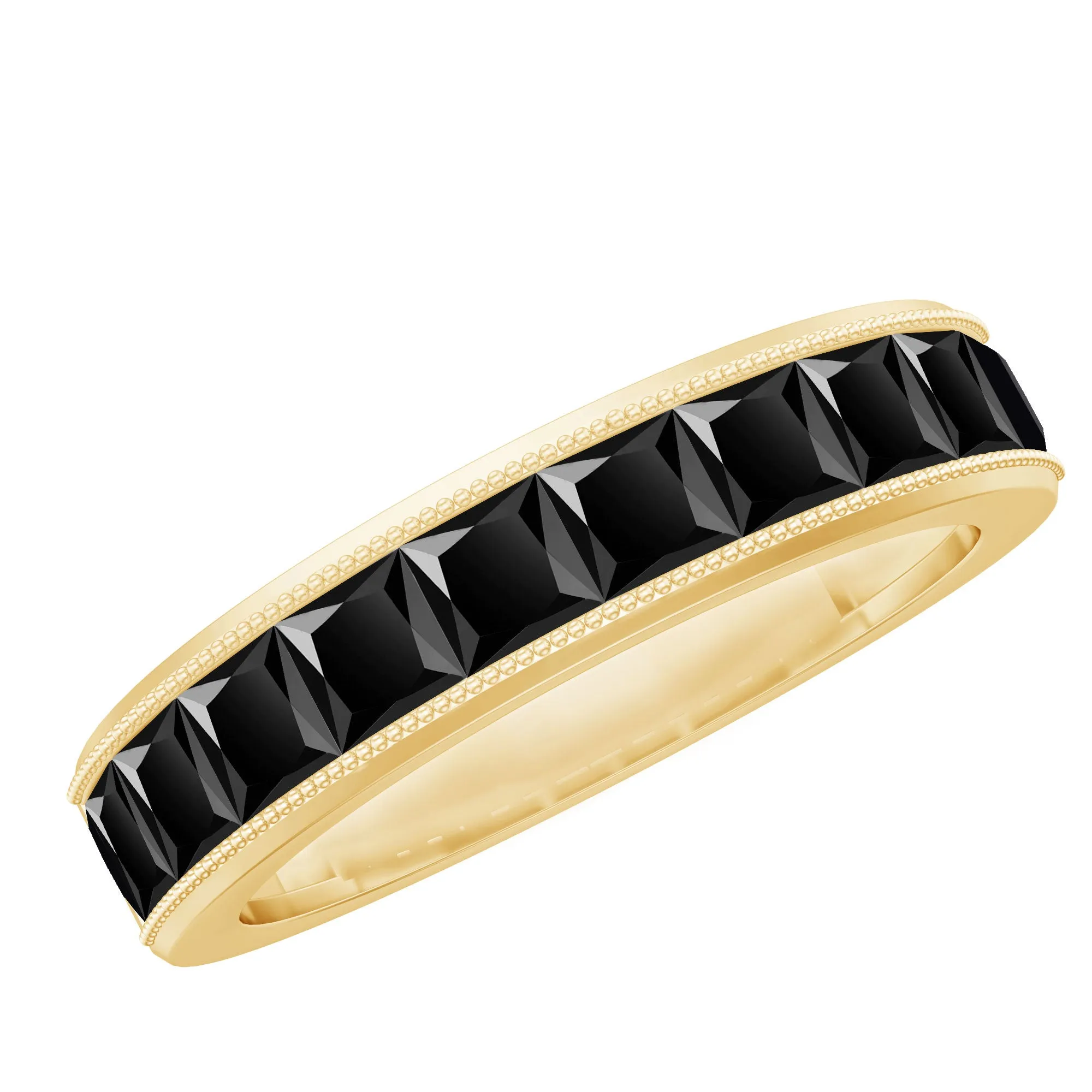 Princess Cut Black Spinel Half Eternity Band Ring with Beaded Detailing