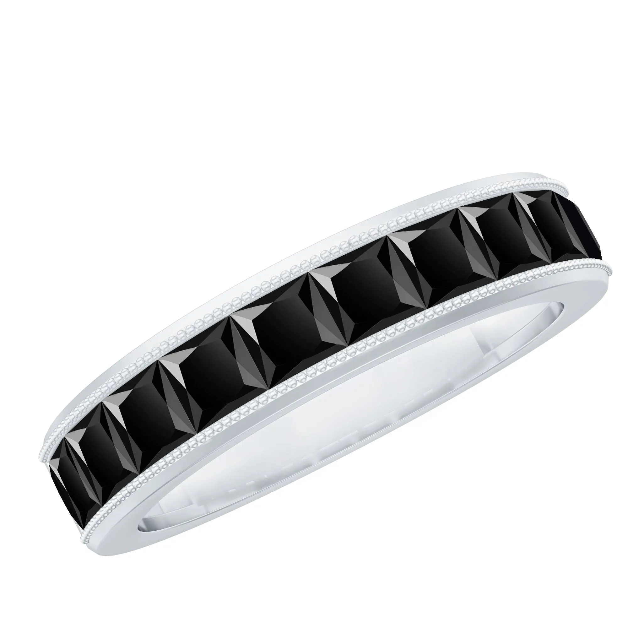 Princess Cut Black Spinel Half Eternity Band Ring with Beaded Detailing