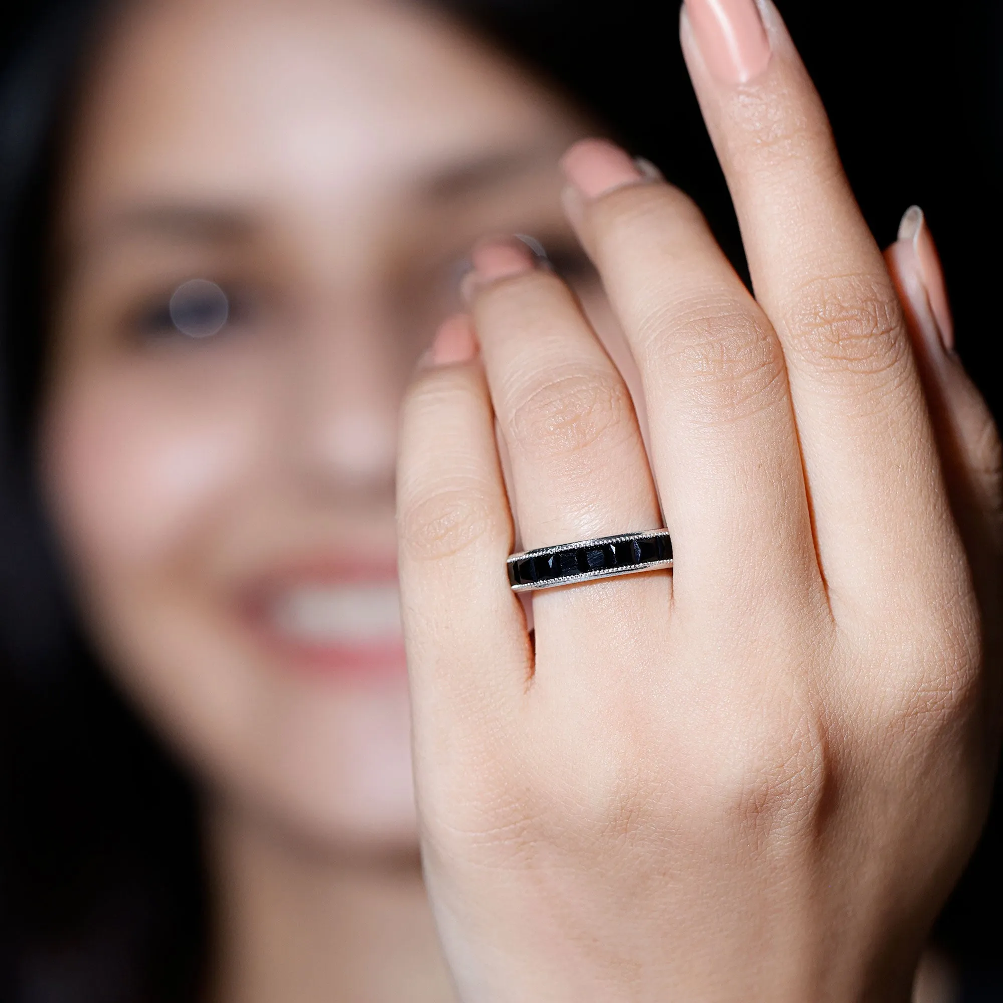 Princess Cut Black Spinel Half Eternity Band Ring with Beaded Detailing