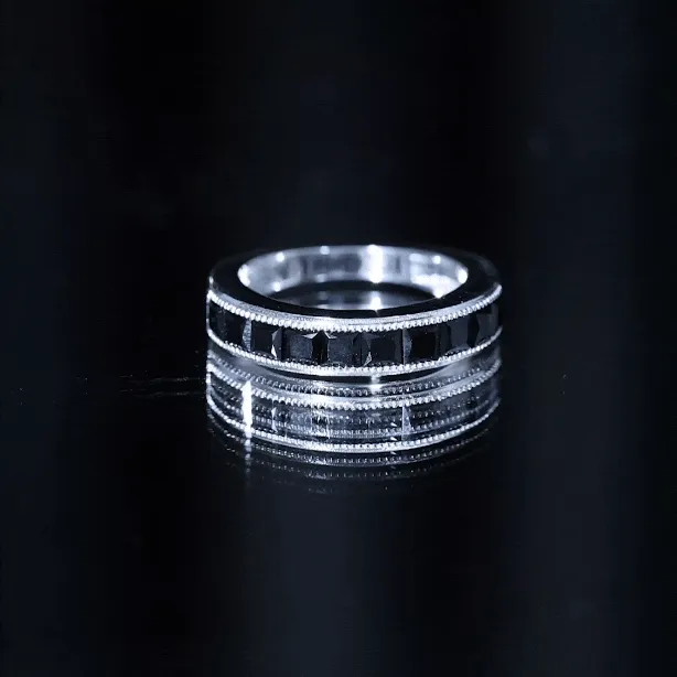 Princess Cut Black Spinel Half Eternity Band Ring with Beaded Detailing