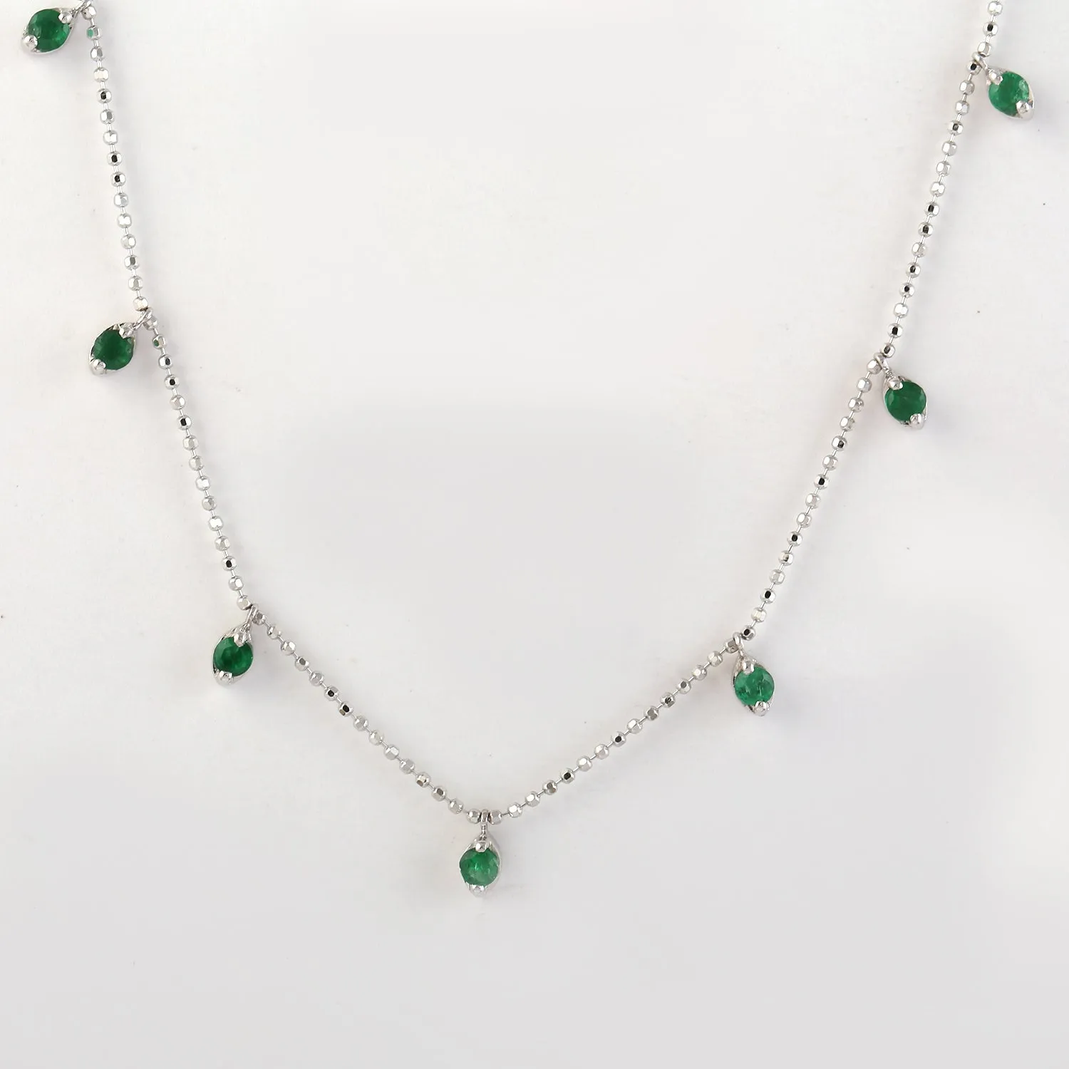 Prong Set Natural Emerald Bead 18k White Gold Dot Ball Chain Necklace Dainty Jewelry