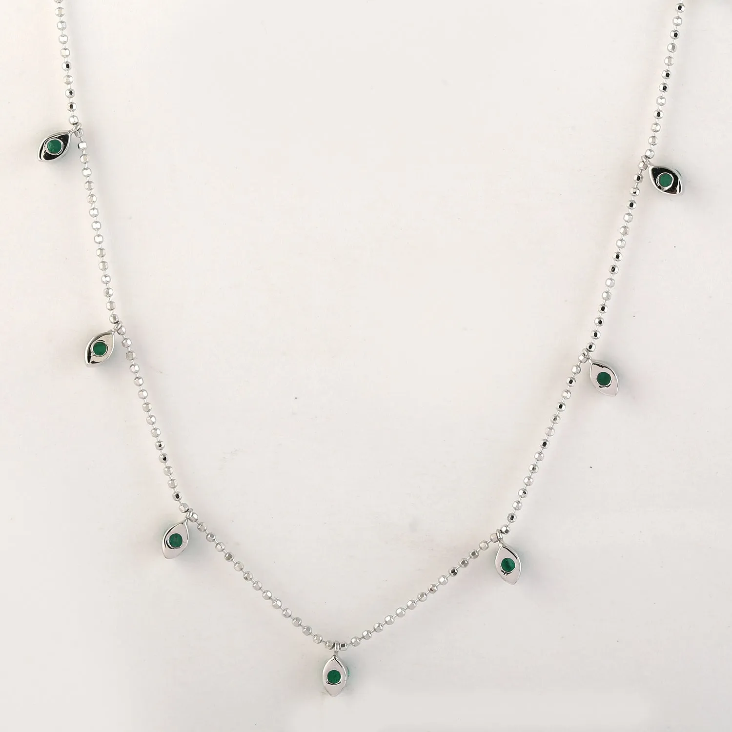 Prong Set Natural Emerald Bead 18k White Gold Dot Ball Chain Necklace Dainty Jewelry