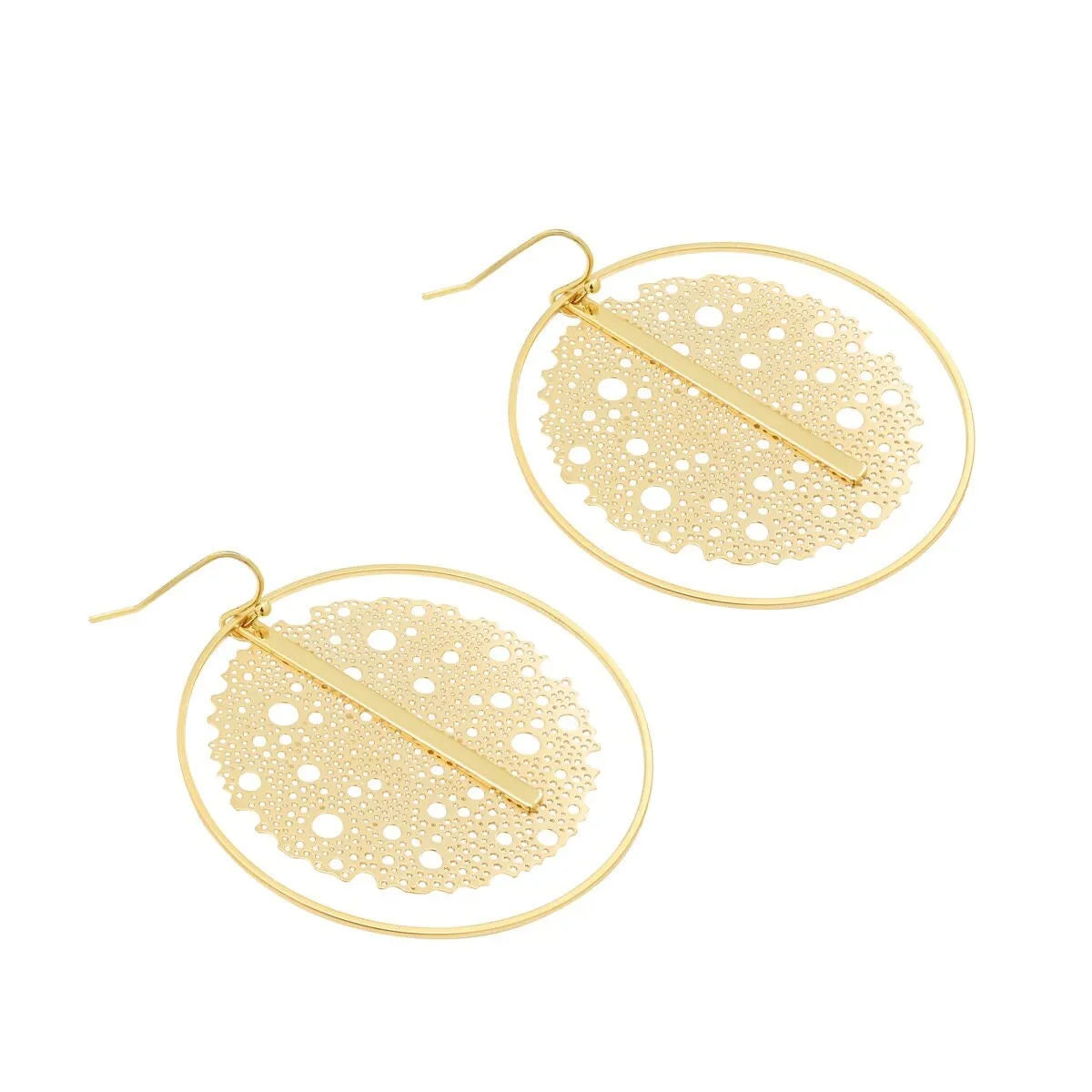 "L'Or" Gold Mesh and Vertical Bar Drop Hoop Earrings