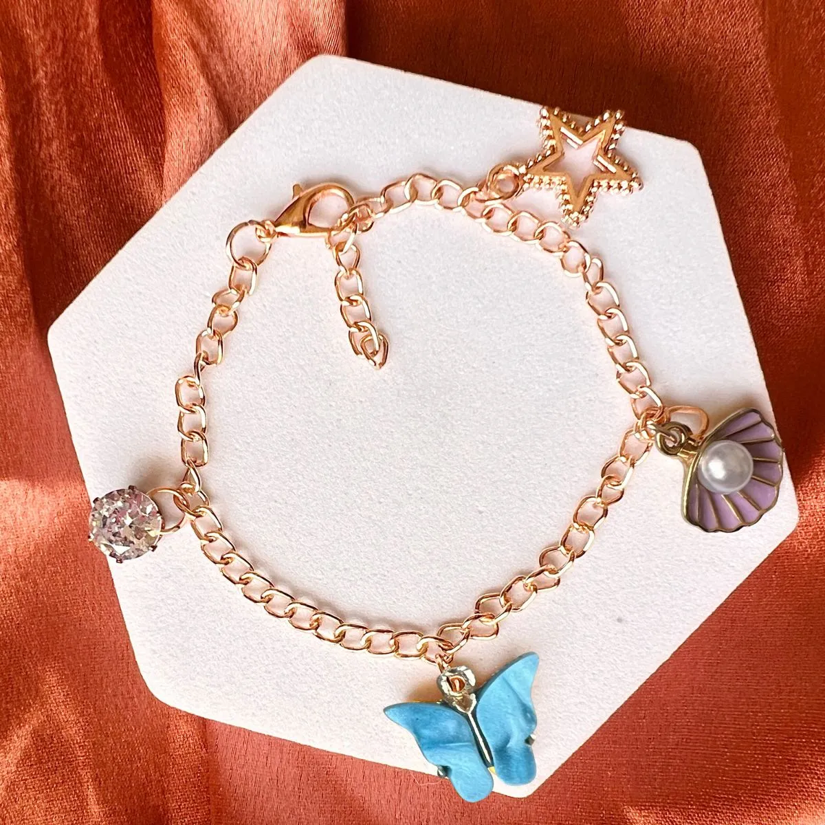 Rack Jack Rose Gold Plated Charms Bracelet Butterfly Pearl Diamond Adjustable Free Size | Birthday Gift for Girls and Women Anniversary Gift for Wife - Blue