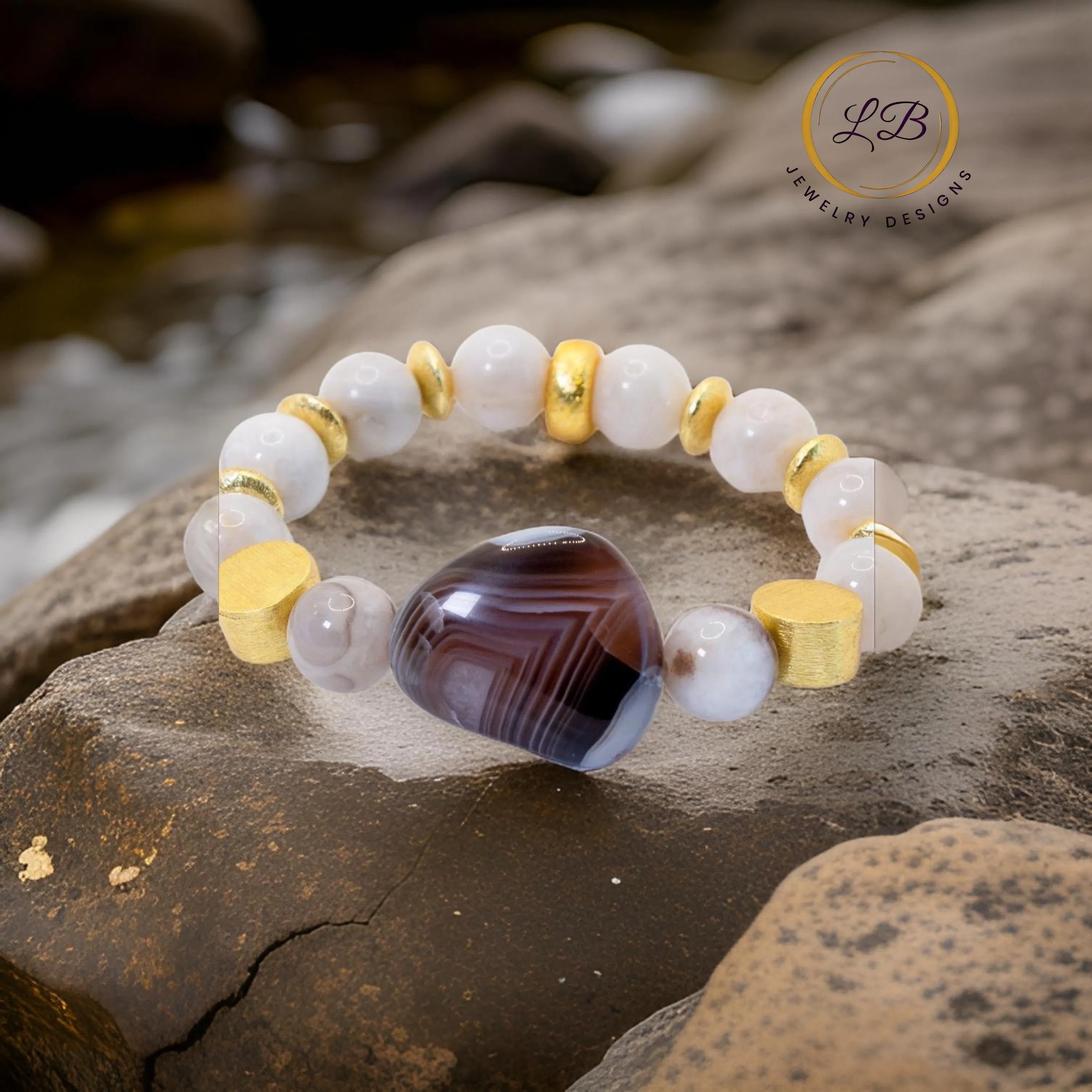 Rare Botswana Freeform Agate Gemstone & Striped Onyx Statement Bracelet