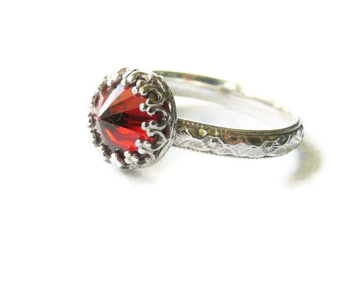 Red Cubic Zirconia Ring with Sterling Silver Floral Band