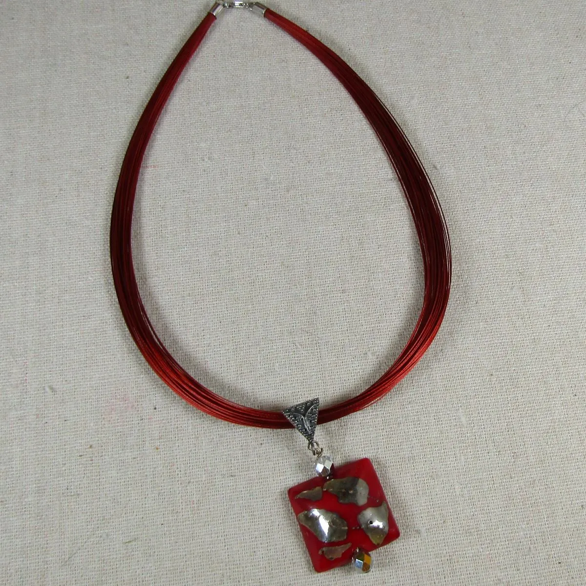 Red Multi-strand Pendant Necklace with Red Handmade Bead Pendant