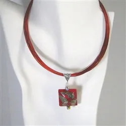 Red Multi-strand Pendant Necklace with Red Handmade Bead Pendant