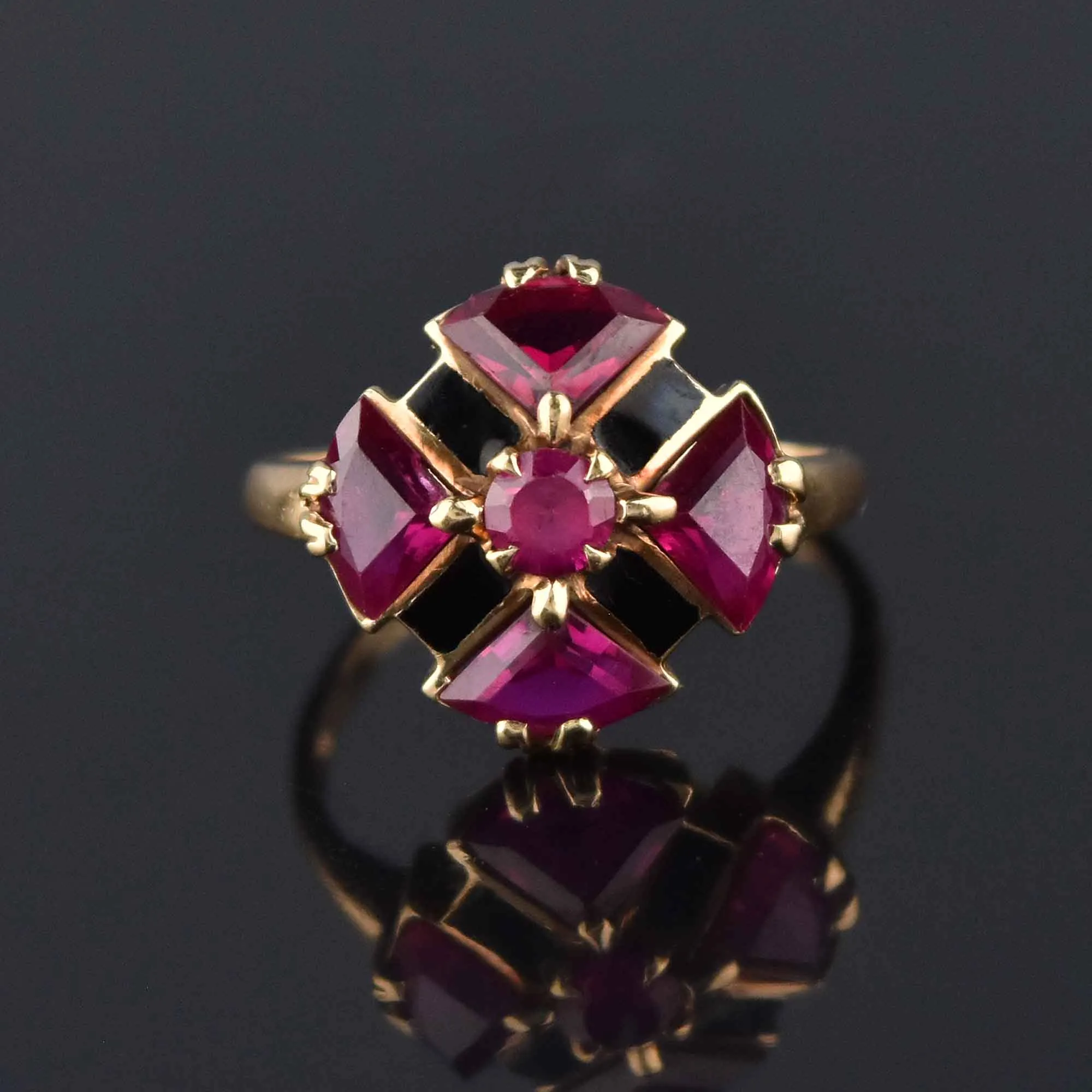 Retro Fine Gold Ruby Trillion Cut Ring, Maltese Cross