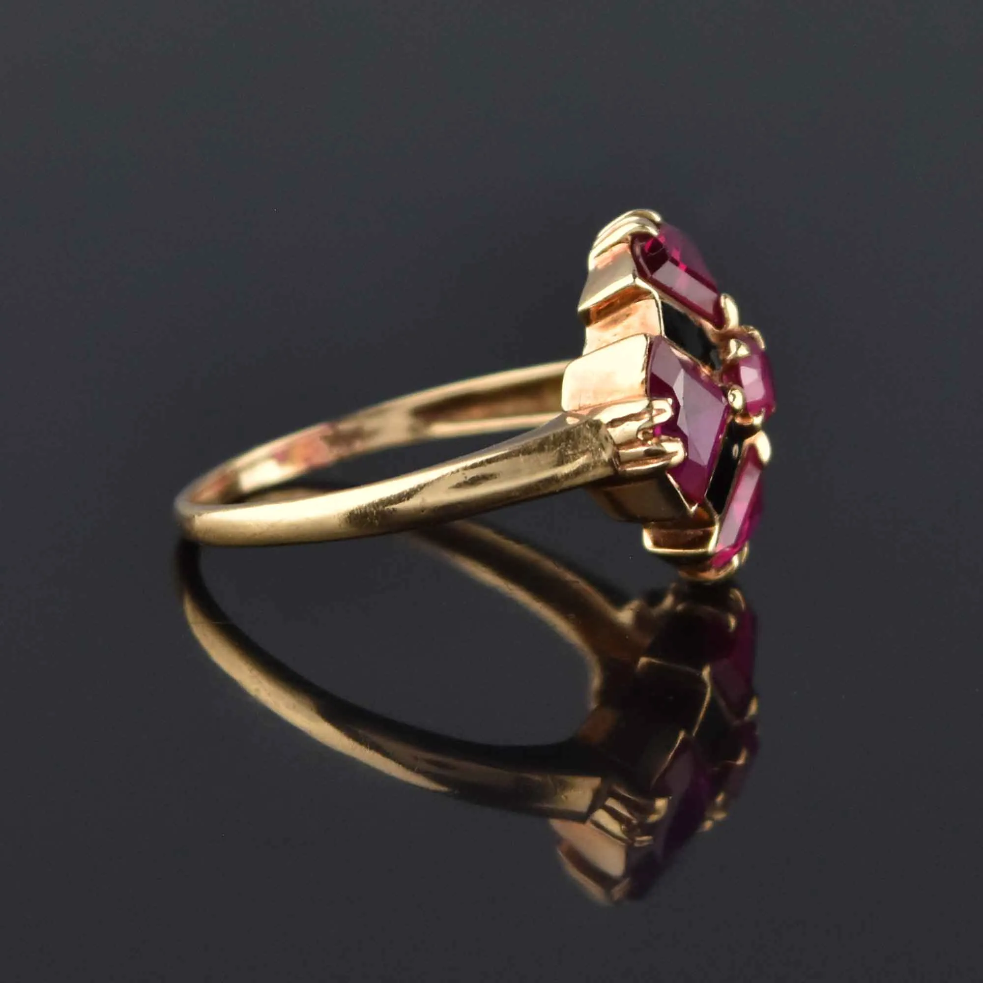 Retro Fine Gold Ruby Trillion Cut Ring, Maltese Cross