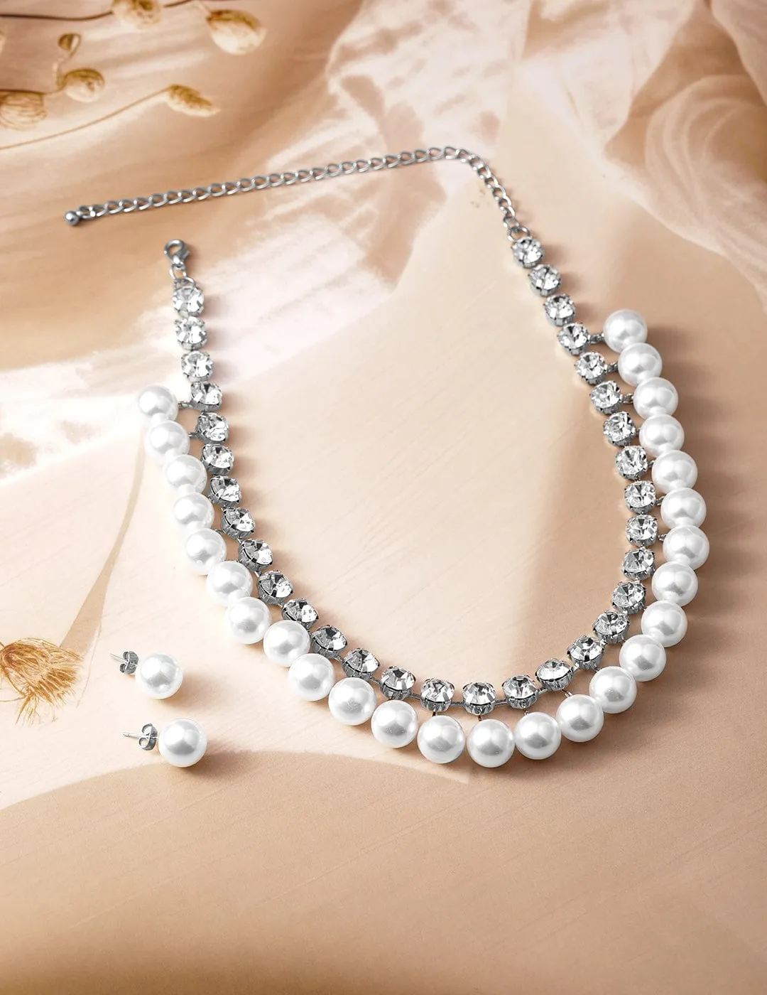 Rhodium Plated Luxurious Pearl & Zirconia Studded Statement Necklace Set