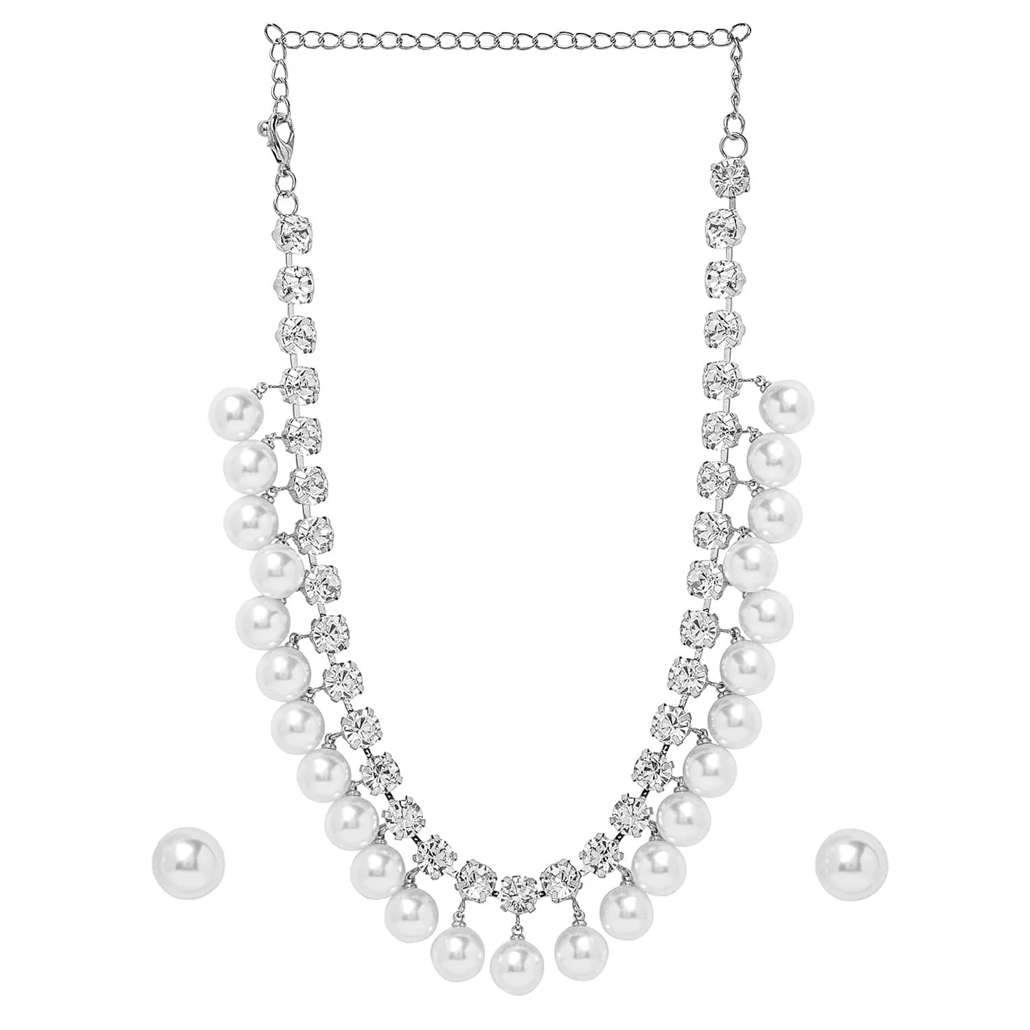 Rhodium Plated Luxurious Pearl & Zirconia Studded Statement Necklace Set