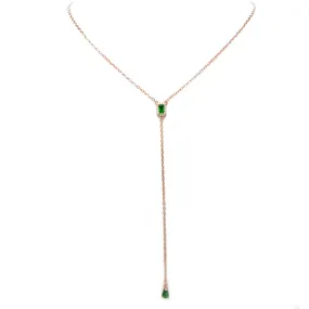 Rose Gold Y Shaped Necklace with Emerald Green CZ Drop Pendant