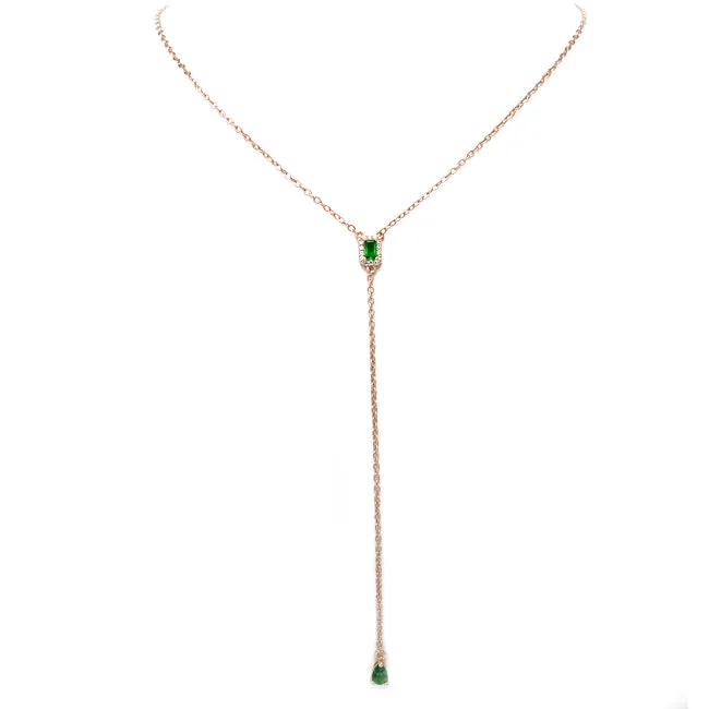 Rose Gold Y Shaped Necklace with Emerald Green CZ Drop Pendant