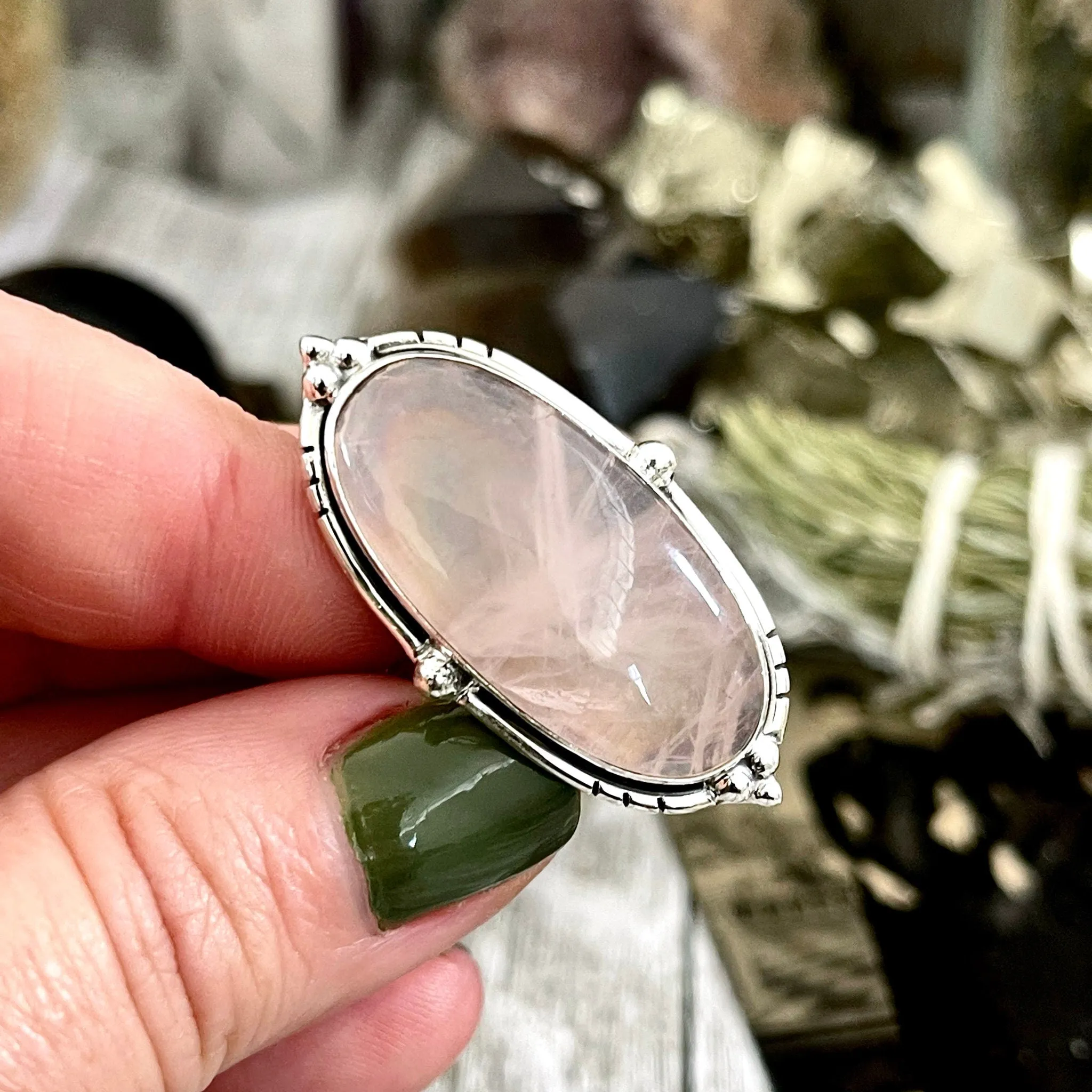 Rose Quartz Oval Crystal Statement Ring in Sterling Silver - Designed by FOXLARK Collection Adjustable to Size 6 7 8 9 | Pink Stone