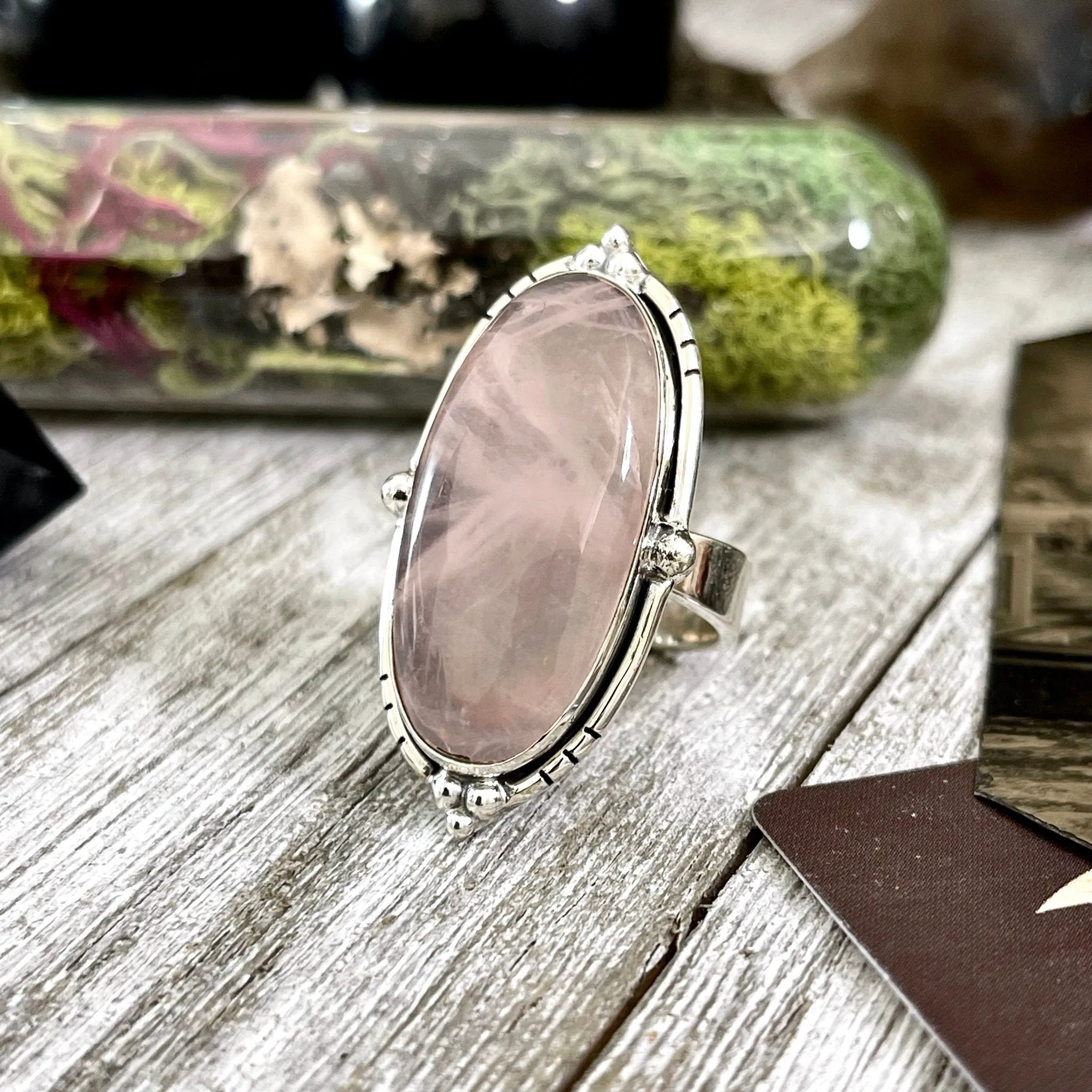 Rose Quartz Oval Crystal Statement Ring in Sterling Silver - Designed by FOXLARK Collection Adjustable to Size 6 7 8 9 | Pink Stone