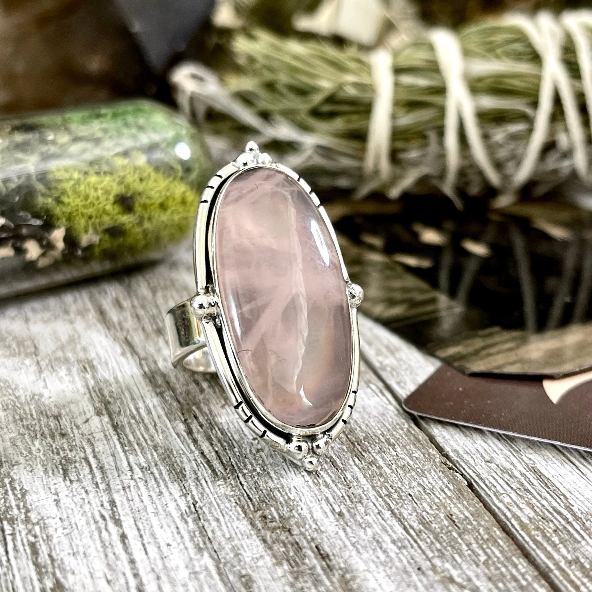 Rose Quartz Oval Crystal Statement Ring in Sterling Silver - Designed by FOXLARK Collection Adjustable to Size 6 7 8 9 | Pink Stone