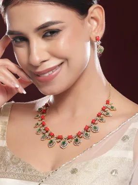 Rubans 22K Gold-Plated Orange & Emerald Light Green Stone with White Cubic Zirconia Handcrafted Jewellery Set