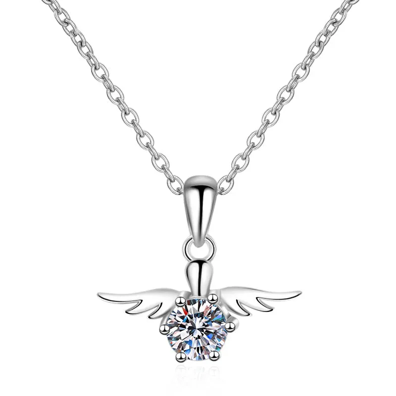 S925 Silver Angel Necklace for Women Plated pt950 Platinum Inlaid with Moissanite Simulated Diamond Pendant Fashion Clavicle Chain