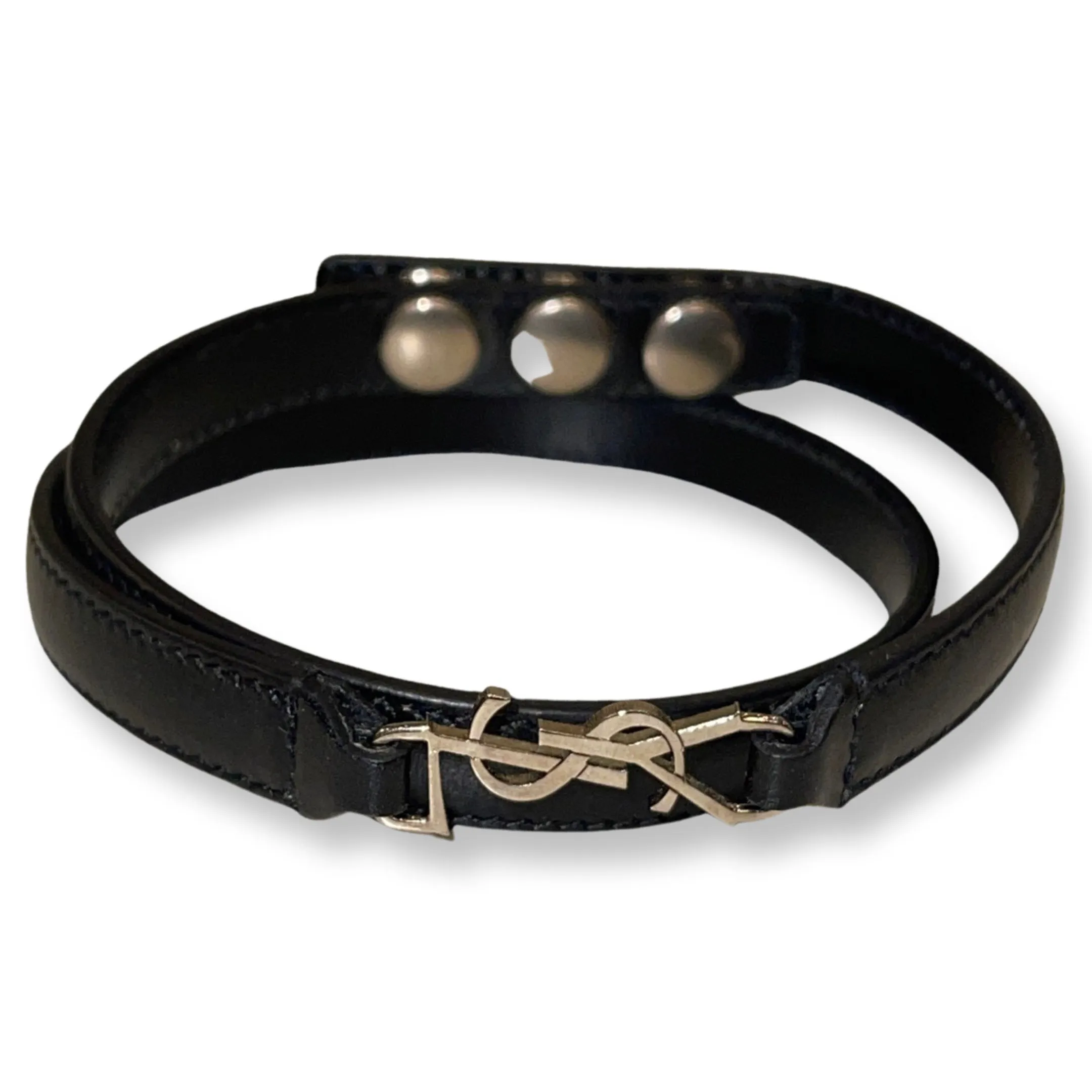 Saint Laurent Monogram Logo Black Leather Wrap Snap Bracelet