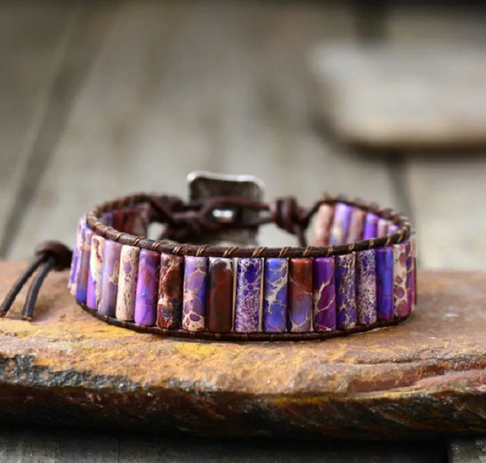 SALE - Purple Imperial Jasper Beaded Leather Bracelet