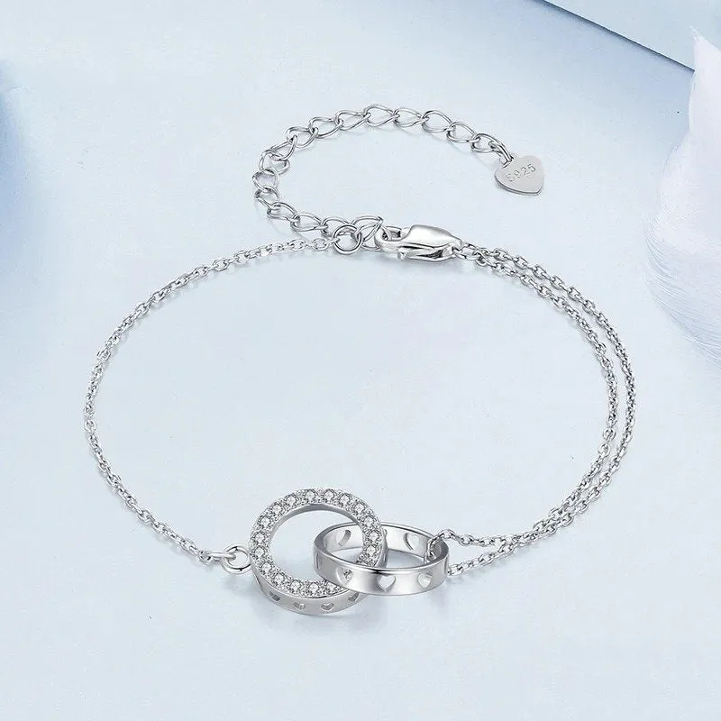 Silver Double Circle Bracelet Eternity Adjustable Chain Link Platinum Plated