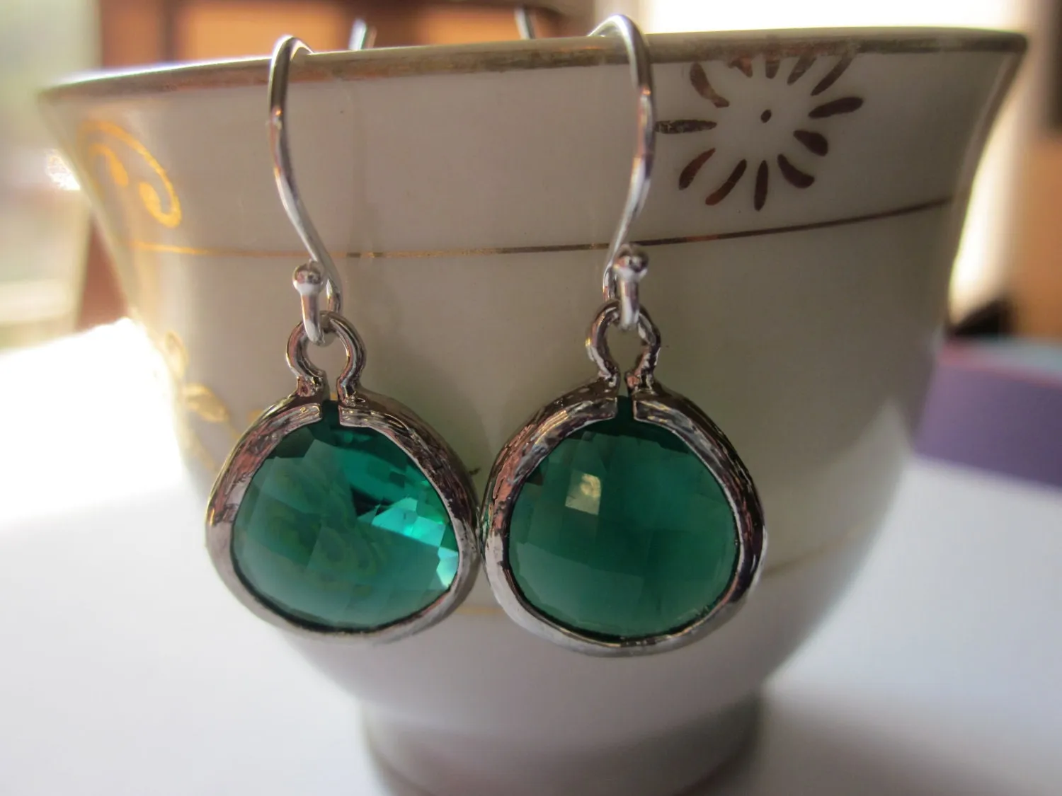 Silver Emerald Green Earrings Sterling Silver Earwires - Bridesmaid Earrings - Bridal Earrings