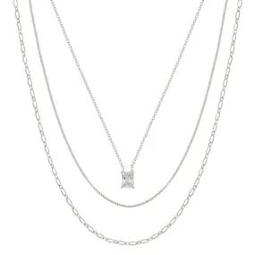 Silver Three Layered Snake Chain with Squared Pendant 16"-18" Necklace